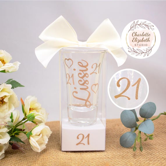 Personalised 21st Birthday SHOT GLASS in Glitter - 21st Birthday Gift for Her / Daughter / Niece / Sister - Optional Gift Box