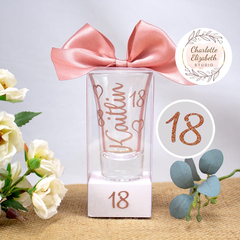Personalised 18th Birthday SHOT GLASS in Glitter - 18th Birthday Gift for Her / Daughter / Niece / Sister - Optional Gift Box image 1
