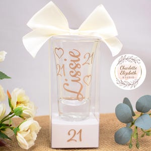 Personalised 21st Birthday SHOT GLASS in Glitter - 21st Birthday Gift for Her / Daughter / Niece / Sister - Optional Gift Box Style 1 in Clear Box