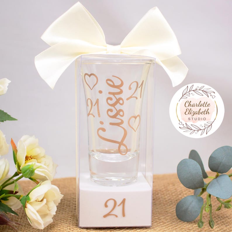 Personalised 21st Birthday SHOT GLASS in Glitter - 21st Birthday Gift for Her / Daughter / Niece / Sister - Optional Gift Box Style 1 in Clear Box