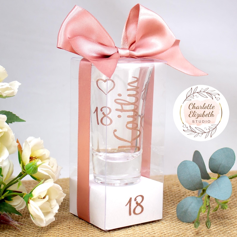 Personalised 18th Birthday SHOT GLASS in Glitter - 18th Birthday Gift for Her / Daughter / Niece / Sister - Optional Gift Box image 3