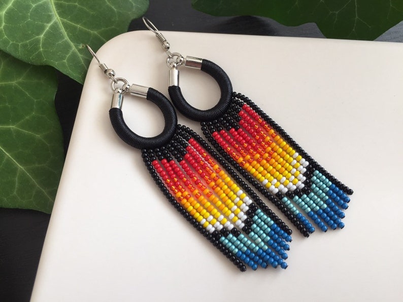 Beaded fringe earrings Bright woven boho chic earrings Long colorful earrings Native american earrings Ombre earrings dangle