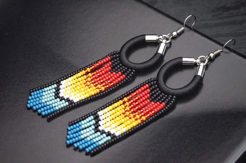 Beaded fringe earrings Bright woven boho chic earrings Long colorful earrings Native american earrings Ombre earrings dangle