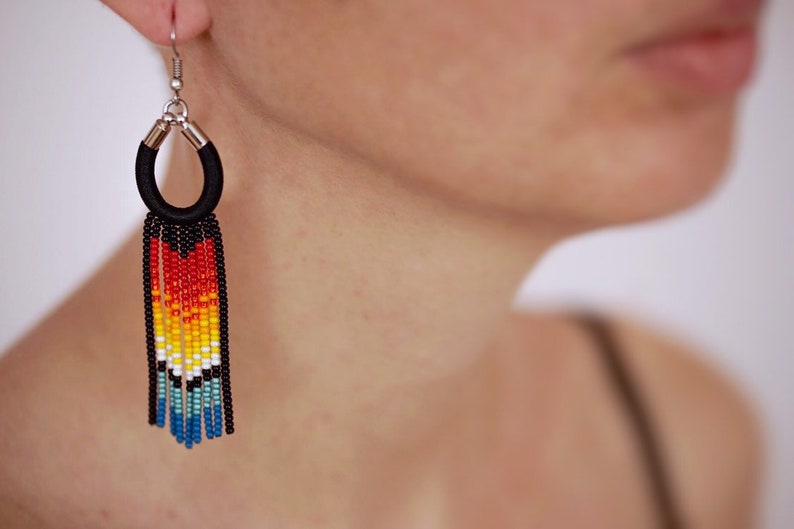 Beaded fringe earrings Bright woven boho chic earrings Long colorful earrings Native american earrings Ombre earrings dangle