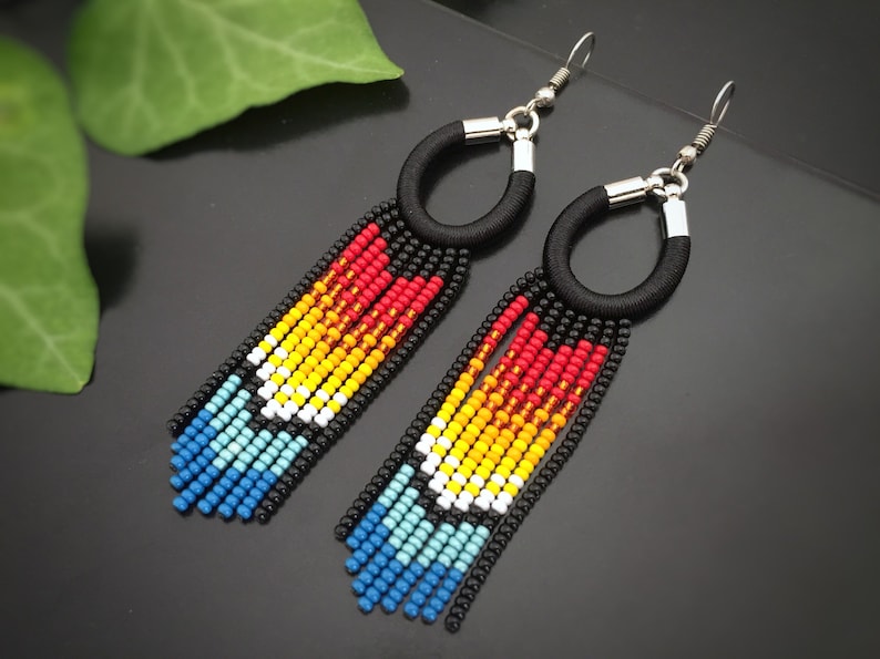 Beaded fringe earrings Bright woven boho chic earrings Long colorful earrings Native american earrings Ombre earrings dangle