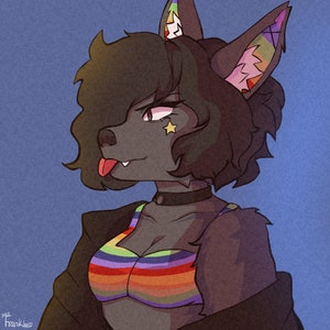 Puede incluir: Ilustración digital de un personaje parecido a un lobo con pelaje oscuro, que lleva una camiseta a rayas de arcoíris y una chaqueta negra. El personaje tiene una marca facial en forma de estrella y saca la lengua. Las orejas están decoradas con patrones geométricos coloridos.