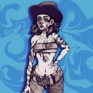 Puede incluir: Una ilustración digital de una mujer con un sombrero vaquero negro, un top negro y un cinturón negro con una hebilla plateada. Tiene tatuajes en los brazos y el torso. El fondo es un patrón de remolino azul.