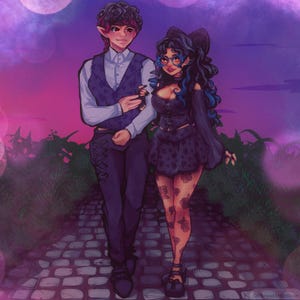 Puede incluir: Ilustraci&oacute;n digital de dos figuras caminando por un camino de adoquines. Una figura viste camisa blanca, chaleco morado y pantalones oscuros. La otra viste top negro, falda y medias con estampado de rosas. El texto OffbrandArtistShop es visible.