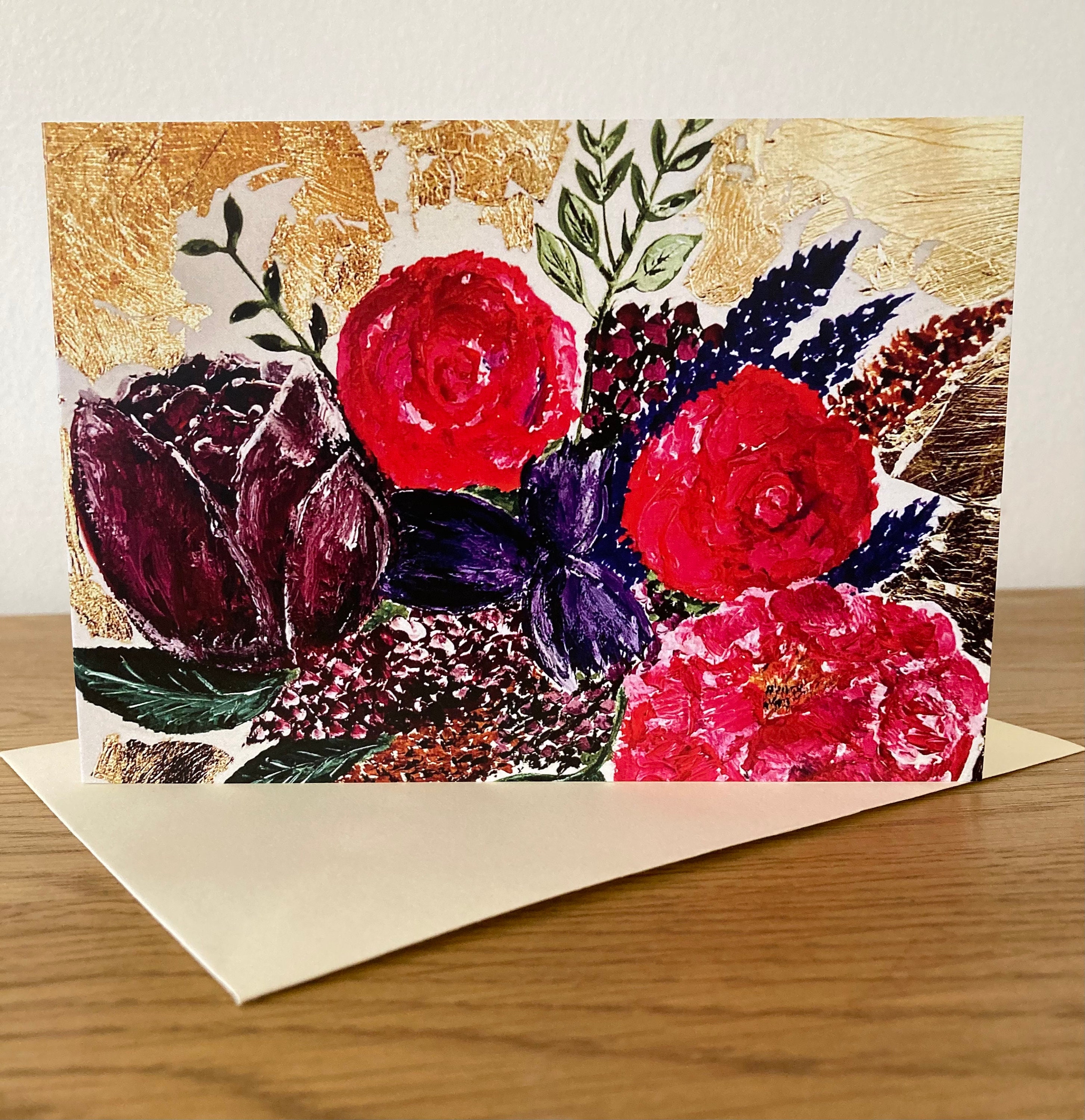 Flower greetings card Gold leaf and florals greetings card Etsy
