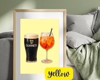 Guinness & Aperol Spritz Print – Digital Cocktail Art | Bar Decor | Irish Pub Wall Art | Kitchen Printable | Minimalist Drink Poster |Yellow