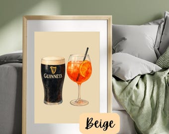 Guinness & Aperol Spritz Print – Digital Cocktail Art | Bar Decor | Irish Pub Wall Art | Kitchen Printable | Minimalist Drink Poster | Beige