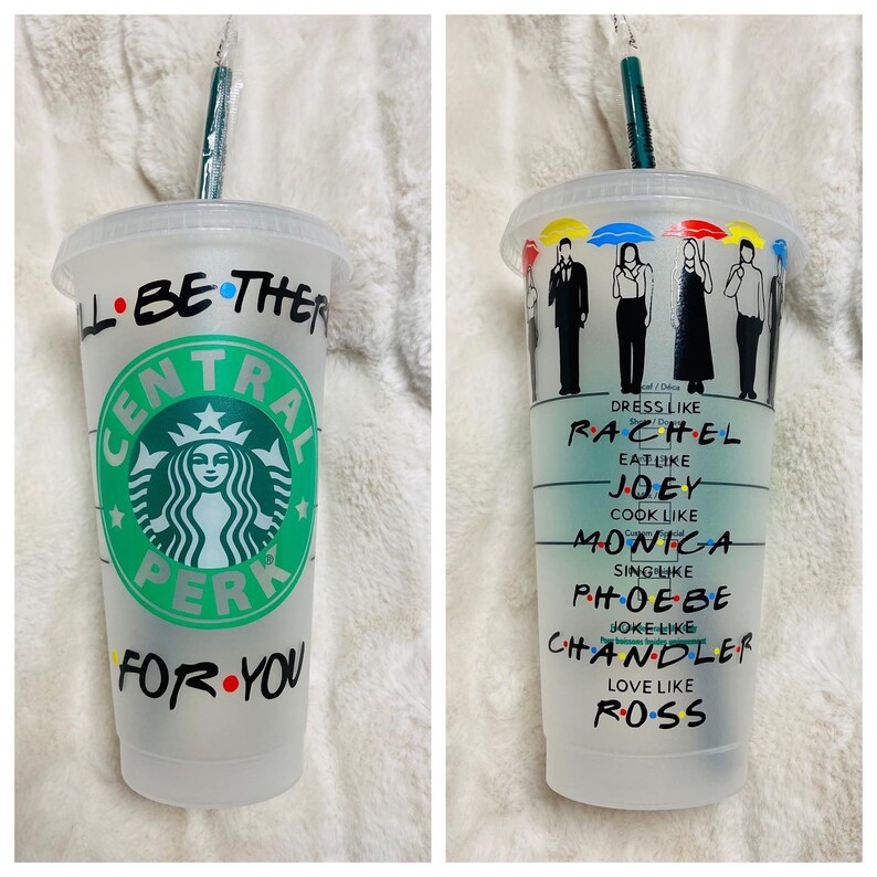 May include: A clear plastic tumbler with a green and white Central Perk logo and the text "I'll be there for you". The tumbler has a black and white image of the six main characters from the TV show Friends, with the text "Dress like Rachel, Eat like Joey, Cook like Monica, Sing like Phoebe, Joke like Chandler, Love like Ross".