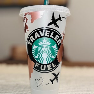 Vaso Starbucks World Traveler / Agente de viajes / Regalo personalizado / Vive para viajar / Viajar me hace feliz / Vaso frío / Vaso reutilizable