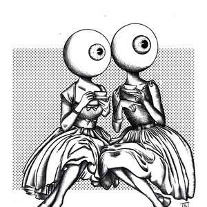 Tea Time art print poster - handmade digital artwork 11″ x 14″ featuring two eyeball ladies