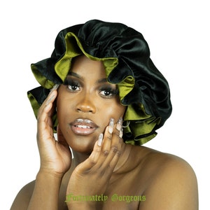 OLIVE GREEN Reversible Frilly Silk Satin Reversible Double-layered Bonnet Sleep hat