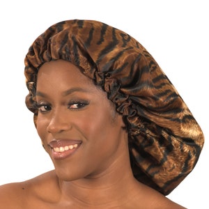 TIGER PRINT Adult to Baby/Newborn/Infant/Children • Reversible Double-layered Satin Bonnet Sleep hat perfect for long braids & hair