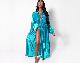 Kimono Luxurious Stretch Velvet Robe - Personalised Bridal Party Gift - Chocolate Brown | Pink | Baby Blue | Red - Size 0 to 5XL - Bathrobe