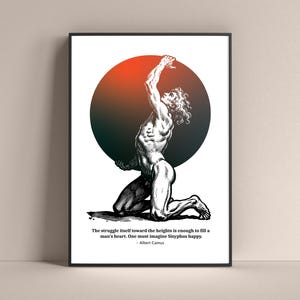 May include: Framed black and white art print depicting a kneeling, muscular figure reaching upwards towards a red and green gradient circle. Includes a quote by Albert Camus.