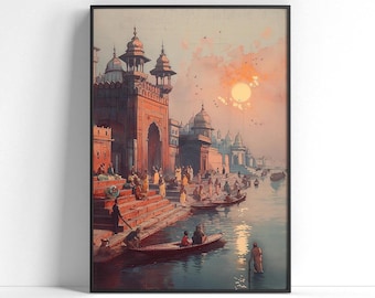 Puede incluir: Una pintura que representa una escena bulliciosa en la India, con un gran edificio ornamentado en primer plano y un río lleno de barcos en el fondo. El sol se está poniendo, proyectando un cálido resplandor sobre la escena.