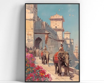 Puede incluir: Una pintura que representa una procesión de elefantes con jinetes en un entorno urbano. Los elefantes están adornados con cubiertas coloridas y caminan por una calle bordeada de edificios. La escena se desarrolla con un fondo de cielo azul claro con algunas aves volando por encima.
