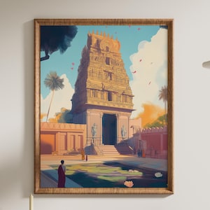 Puede incluir: Una pintura de un templo dorado con un patio y una piscina reflectante. El templo tiene un techo alto y escalonado y está rodeado de árboles y arbustos. El patio está pavimentado con piedra y tiene una pequeña fuente en el centro. La piscina reflectante está llena de agua y tiene flores de loto flotando en la superficie.