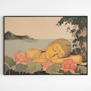 May include: A painting depicting a sleeping Buddha lying on a bed of pink lotus flowers. The Buddha is shown with a golden skin tone and a red dot on his forehead. The background features a light blue sky with a mountain range in the distance.
