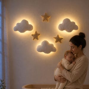 Wolken-Nachtlicht, Plüsch-Bouclé-Kinderzimmerlampe, Sterne-Wanddeko