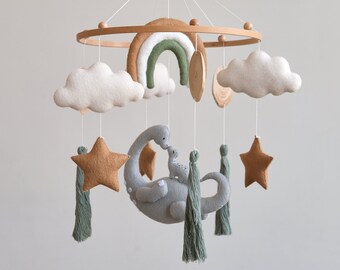 Dinosaur baby crib mobile, Dinosaur nursery mobile, Dino crib mobile, Neutral mobile, Hanging mobile, Baby shower gift, Felt baby mobile