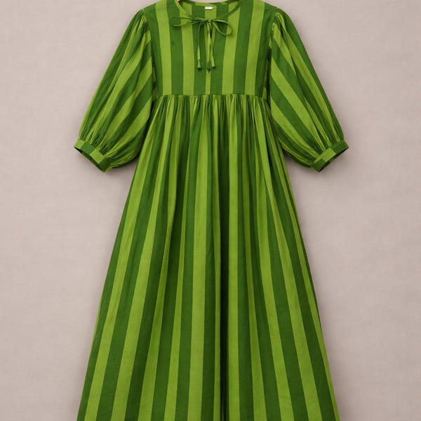 Green Stripe Block Print, Cotton Maxi Dress, Cotton Midi Dress, Summer Dress, Indian Bagru Block Print, Green Bohemian Dress