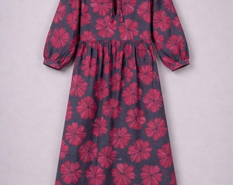 Estampado floral en bloque, vestido largo de algodón, vestido midi de algodón, vestido de verano, estampado indio en bloque Bagru, vestido bohemio rojo