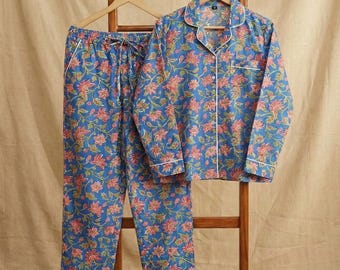 Hand Block Print, Floral Cotton Pajama Set, Blue Summer Nightwear, Bohemian Sleepwear, Women Loungewear with pants, Bridesmaid PJ's