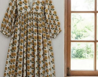 Floral Block Print, Cotton Maxi Dress, Cotton Midi Dress, Summer Dress, Indian Bagru Block Print, Yellow Bohemian Dress
