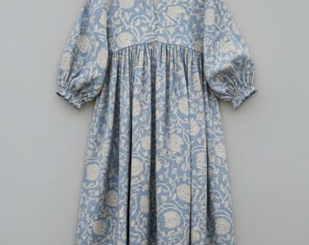 Floral Block Print, Cotton Maxi Dress, Cotton Midi Dress, Summer Dress, Indian Bagru Block Print, Blue Bohemian Dress