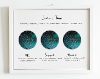 3 Star Map, Star Map Custom, Met Engaged, Married, First, Anniversary Gift, Gift for Husband, Wedding Gift, Night Sky Map