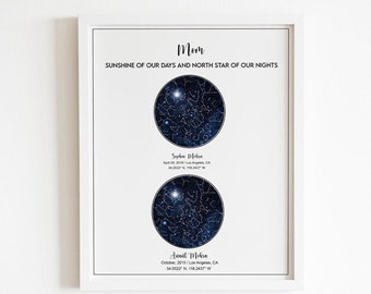 2 Location, Star Map, Custom Star Map, Gift for Mom, Mothers Day Gift, Birthday Gift, Night Sky Map, Christmas gifts