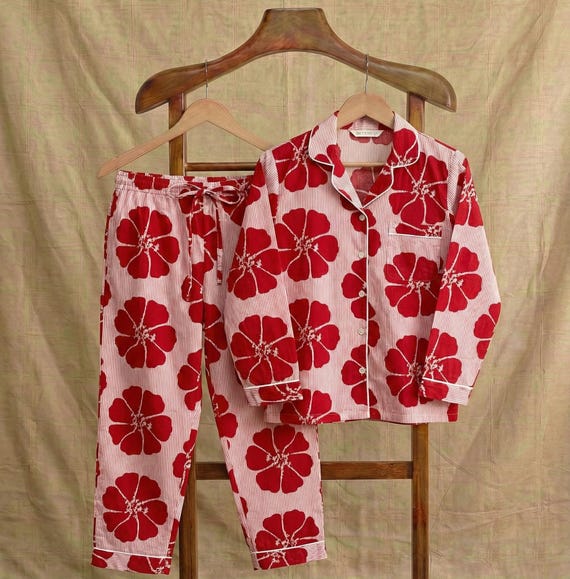 Handmade Cotton Pajama Set, Summer Nightwear, Bohemian Sleepwear, Women Loungewear with pants, Bridesmaid PJ's, Block Print