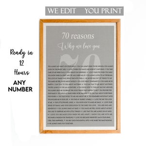 70 Reasons We Love You, 70th Birthday Gift, 70th Anniversary Gift, 70 Birthday Gift for Women, 70th Birthday Gift for Men, Printable Gift