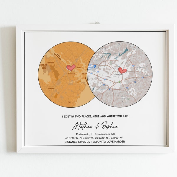 Long Distance, Two Countries Map, 1st Anniversary Gift, 2 Cities Map, 2 Location, Gift for Husband, Wedding Gift