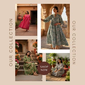 May include: A collage showcasing a clothing collection. The image features four women wearing various dresses in different colors and patterns. The dresses include a red striped dress, a green floral dress, a green striped dress, and a gray floral dress. The text "OUR COLLECTION" and "SHOP NOW" are also visible.