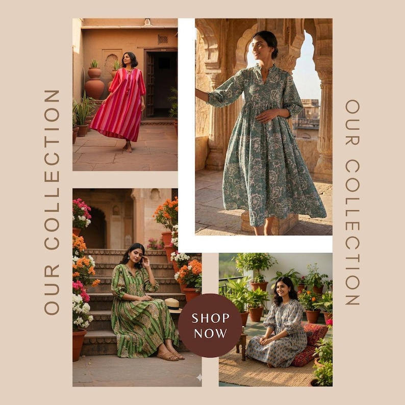 May include: A collage showcasing a clothing collection. The image features four women wearing various dresses in different colors and patterns. The dresses include a red striped dress, a green floral dress, a green striped dress, and a gray floral dress. The text "OUR COLLECTION" and "SHOP NOW" are also visible.