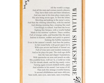 All The World's A Stage Shakespeare Print, As You Like It Literary Art Quote, William Shakespeare Art