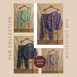 May include: Four sets of patterned pyjama sets displayed on wooden hangers. The pyjamas include long-sleeved button-down shirts and matching trousers. The patterns include floral and abstract designs in various colours, including blue, green, and pink. The text "OUR COLLECTION" and "SHOP NOW" are also visible.