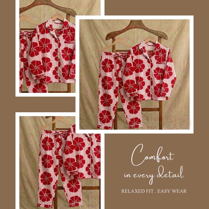 May include: A set of red floral print pajamas, including a button-down shirt and pants, displayed on wooden hangers. The pajamas have a light pink background with a repeating red flower pattern. The text "Comfort in every detail" is visible.