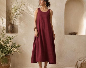 cotton tank dresses Zbxnli Women's Sleeveless Maxi Tank Dress Summer Cotton Linen Tanks Dresses with Pockets Fashion Flowy Hem Sundress, Size: 2XL, Pink