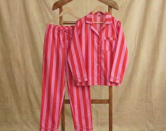 Hand Block Print, Cotton Pajama Set, Red Stripe Summer Nightwear, Bohemian Sleepwear, Women Loungewear with pants, Bridesmaid PJ's