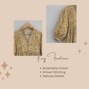 May include: A dress featuring a yellow and beige floral pattern with a ruffled collar, long sleeves with gathered cuffs, and a button-down front. The text on the image reads Key Features, Breathable Cotton, Artisan Stitching, and Delicate Details.