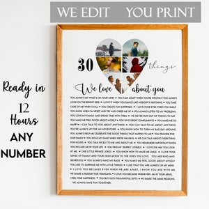 30 Things We Love About You Print, 30 Reasons We  Love You, 30 Reasons Why We Love You, 30 Things for Age 30, Best Friend Birthday Gift