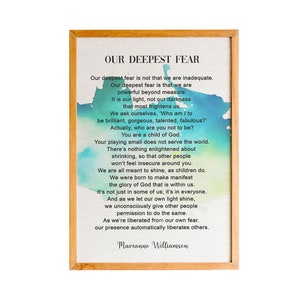 Our Deepest Fear Print, Our Deepest Fear Poem by American Poet, Marianne Williamson, Poetry Collection, Motivational Sign