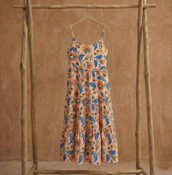 Women Cotton Dress, Floral Block Print, Soft Casual Loose Sundress Sleeveless Maxi Dresses Plus Size Clothes