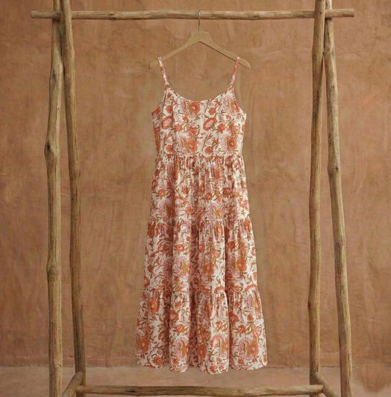 Women Cotton Dress, Orange Floral Block Print, Soft Casual Loose Sundress Sleeveless Maxi Dresses Plus Size Clothes